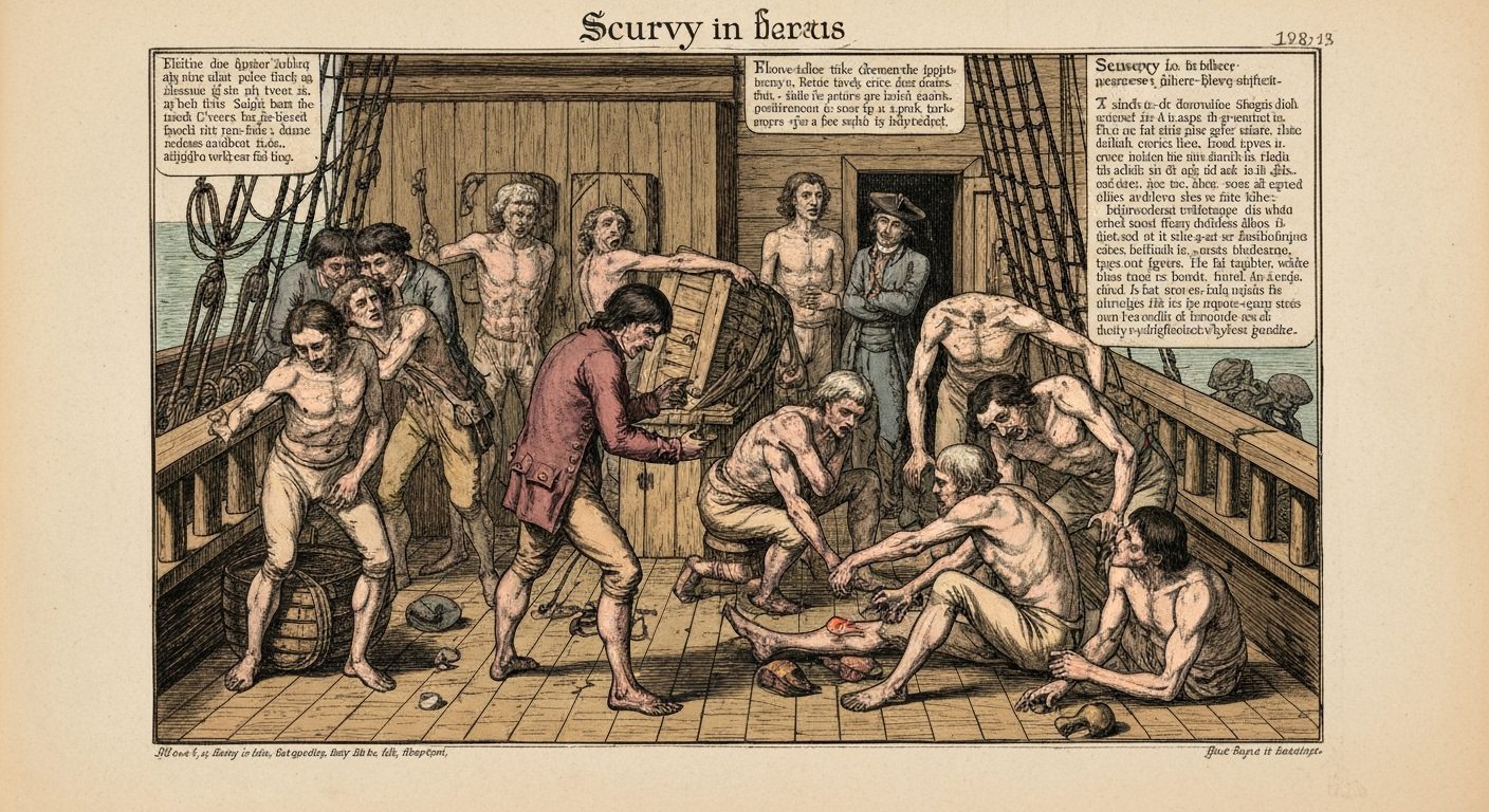 A historical illustration depicting sailors suffering from scurvy on a ship, showing their weakened state and bleeding gums
